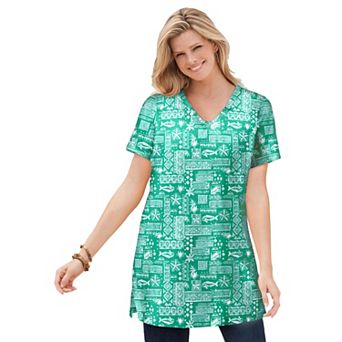 Woman Within Plus Size Perfect Printed Short-Sleeve Shirred V-Neck Tunic