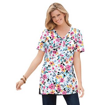 Woman Within Plus Size Perfect Printed Short-Sleeve Shirred V-Neck Tunic