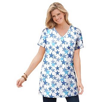 Woman Within Plus Size Perfect Printed Short-Sleeve Shirred V-Neck Tunic