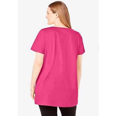 Woman Within Plus Size Perfect Short-Sleeve Scoop-Neck Henley Tunic