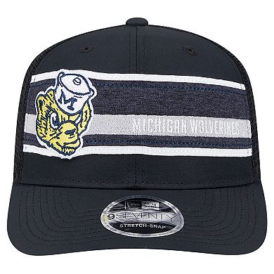 Men's New Era Black/Navy Michigan Wolverines Striped 9SEVENTY Trucker Stretch-Snap Adjustable Hat