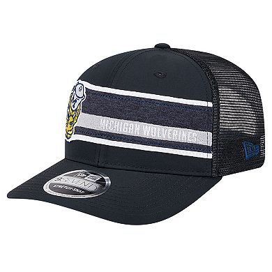Men's New Era Black/Navy Michigan Wolverines Striped 9SEVENTY Trucker Stretch-Snap Adjustable Hat