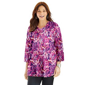 Catherines Women's Plus Size Petite Easy Fit 3/4-Sleeve V-Neck Tunic