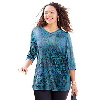 Catherines Women's Plus Size Petite Easy Fit 3/4-Sleeve V-Neck Tunic