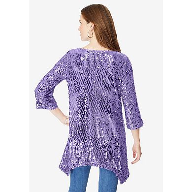 Roaman's Women's Plus Size Handkerchief Hem Sequin Tunic