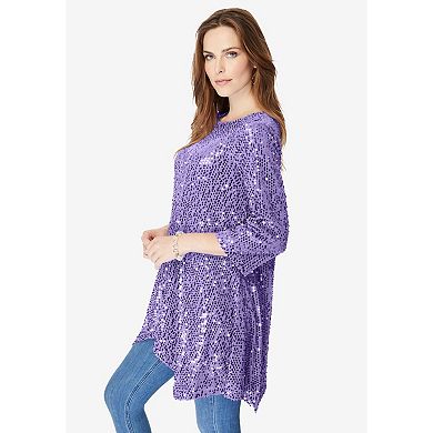 Roaman's Women's Plus Size Handkerchief Hem Sequin Tunic