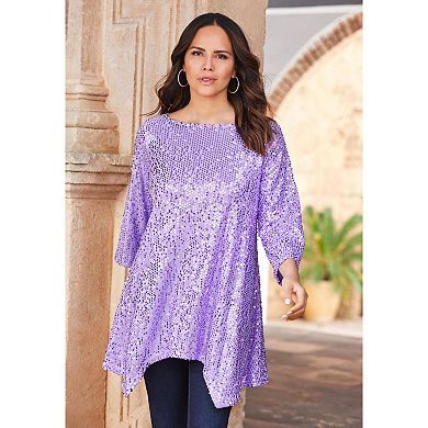 Roaman's Women's Plus Size Handkerchief Hem Sequin Tunic