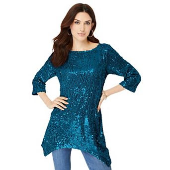 Roaman's Women's Plus Size Handkerchief Hem Sequin Tunic