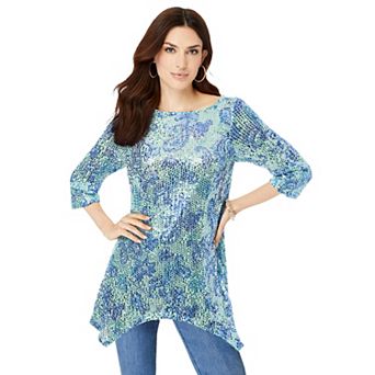 Roaman's Women's Plus Size Handkerchief Hem Sequin Tunic