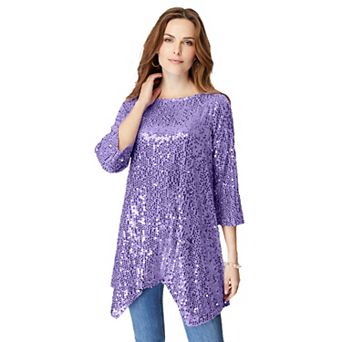 Roaman's Women's Plus Size Handkerchief Hem Sequin Tunic