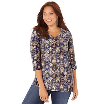Catherines Women's Plus Size Petite Suprema 3/4 Sleeve V-neck Tee
