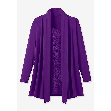Woman Within Plus Size 2-Fer Cardigan & Attached Lace Tunic