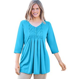Woman Within Women's Plus Size Smocked Henley Trapeze Tunic