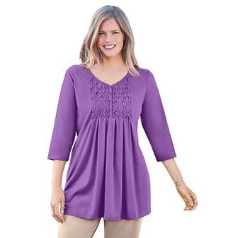 Woman Within Women's Plus Size Smocked Henley Trapeze Tunic