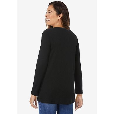Woman Within Plus Size Embroidered Thermal Henley Tee