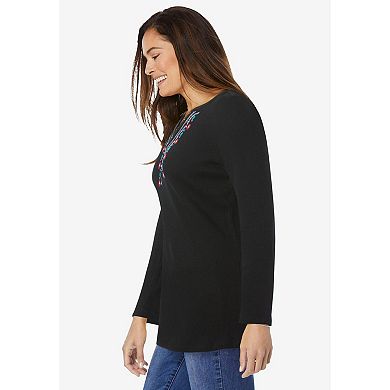 Woman Within Plus Size Embroidered Thermal Henley Tee