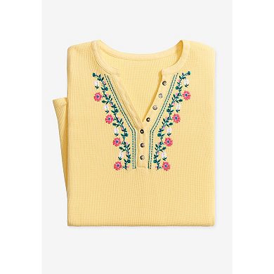 Woman Within Plus Size Embroidered Thermal Henley Tee