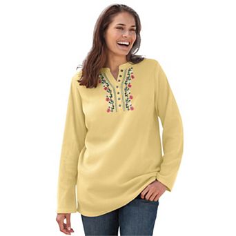 Woman Within Plus Size Embroidered Thermal Henley Tee