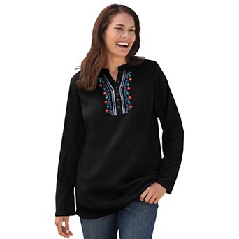 Woman Within Plus Size Embroidered Thermal Henley Tee