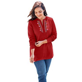 Woman Within Plus Size Embroidered Thermal Henley Tee