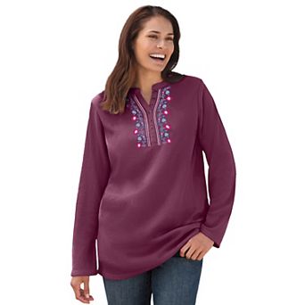 Woman Within Plus Size Embroidered Thermal Henley Tee