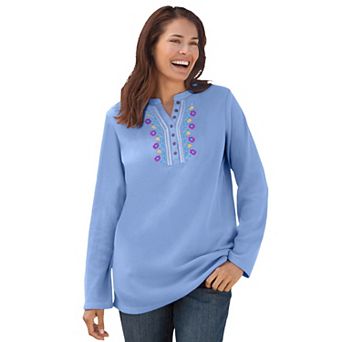 Woman Within Plus Size Embroidered Thermal Henley Tee