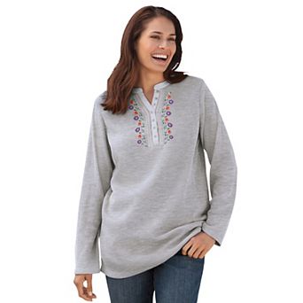 Woman Within Plus Size Embroidered Thermal Henley Tee