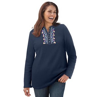 Woman Within Plus Size Embroidered Thermal Henley Tee