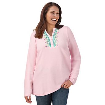 Woman Within Plus Size Embroidered Thermal Henley Tee