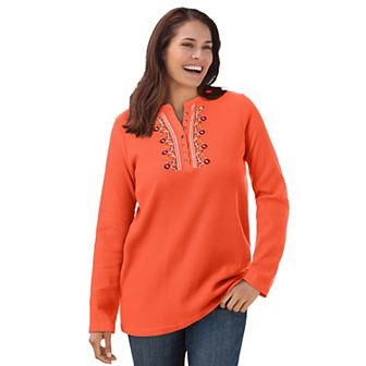 Woman Within Plus Size Embroidered Thermal Henley Tee