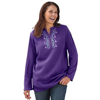 Woman Within Plus Size Embroidered Thermal Henley Tee