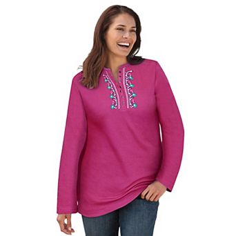 Woman Within Plus Size Embroidered Thermal Henley Tee