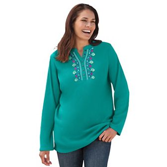 Woman Within Plus Size Embroidered Thermal Henley Tee