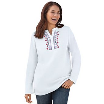 Woman Within Plus Size Embroidered Thermal Henley Tee