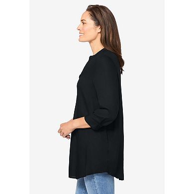 Woman Within Plus Size Rayon Three-Quarter Sleeve Effortless Tab-Front Blouse