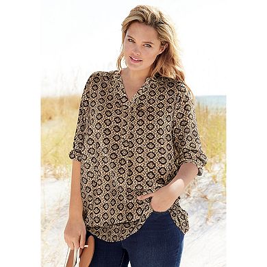 Woman Within Plus Size Rayon Three-Quarter Sleeve Effortless Tab-Front Blouse