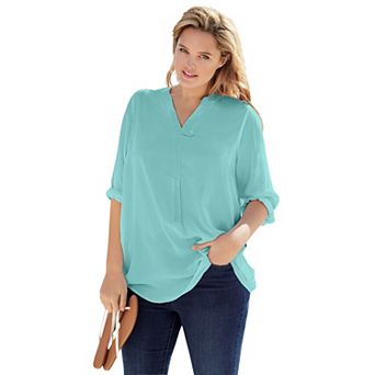 Woman Within Plus Size Rayon Three-Quarter Sleeve Effortless Tab-Front Blouse