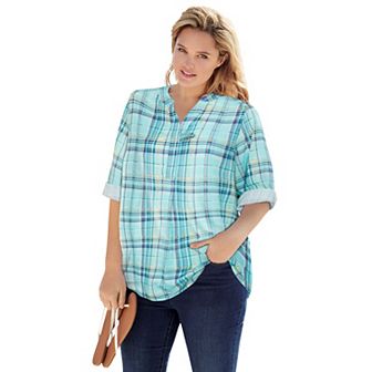 Woman Within Plus Size Rayon 7-Day Three-Quarter Sleeve Tab-Front Tunic