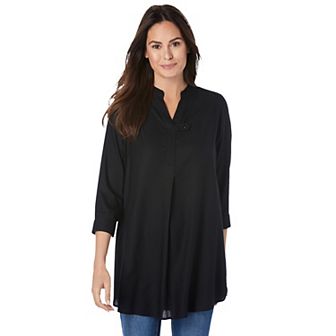 Woman Within Plus Size Rayon 7-Day Three-Quarter Sleeve Tab-Front Tunic