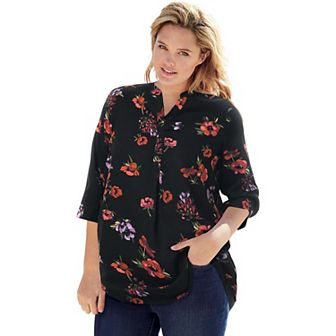 Woman Within Plus Size Rayon 7-Day Three-Quarter Sleeve Tab-Front Tunic