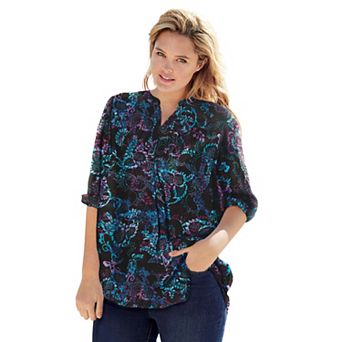 Woman Within Plus Size Rayon Three-Quarter Sleeve Effortless Tab-Front Blouse