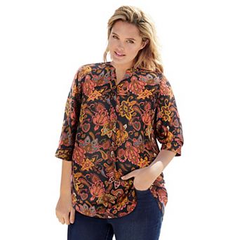 Woman Within Plus Size Rayon Three-Quarter Sleeve Effortless Tab-Front Blouse