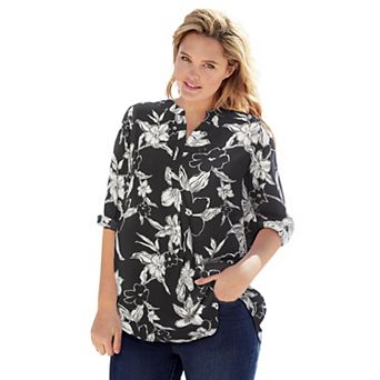 Woman Within Plus Size Rayon 7-Day Three-Quarter Sleeve Tab-Front Tunic