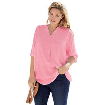 Woman Within Plus Size Rayon 7-Day Three-Quarter Sleeve Tab-Front Tunic