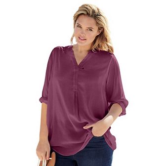 Woman Within Plus Size Rayon 7-Day Three-Quarter Sleeve Tab-Front Tunic