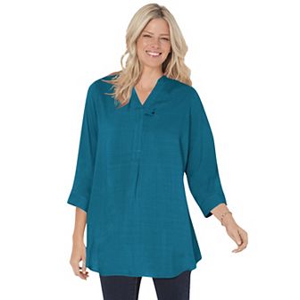 Woman Within Plus Size Rayon 7-Day Three-Quarter Sleeve Tab-Front Tunic