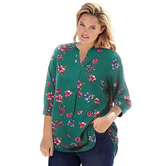 Woman Within Plus Size Rayon 7-Day Three-Quarter Sleeve Tab-Front Tunic