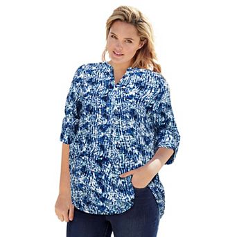 Woman Within Plus Size Rayon Three-Quarter Sleeve Effortless Tab-Front Blouse