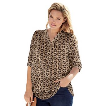 Woman Within Plus Size Rayon 7-Day Three-Quarter Sleeve Tab-Front Tunic