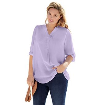 Woman Within Plus Size Rayon Three-Quarter Sleeve Effortless Tab-Front Blouse